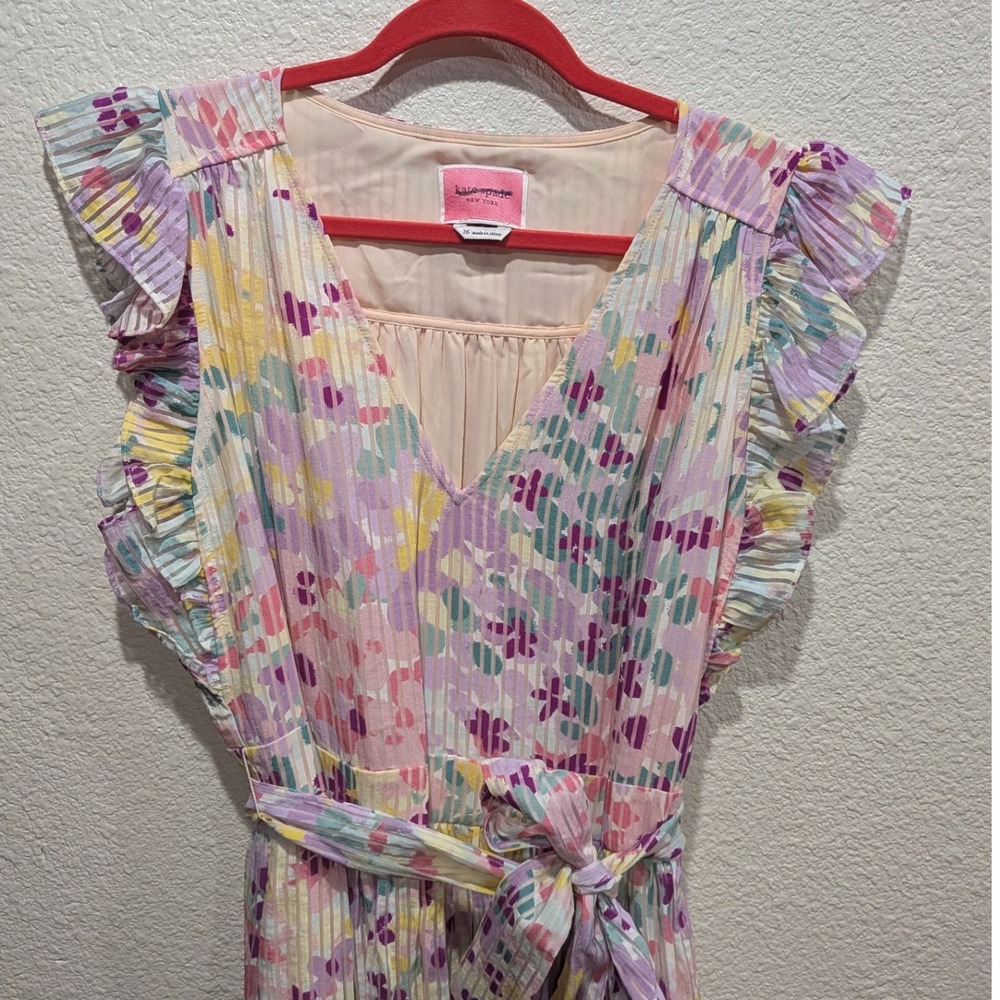 Kate Spade Womens Dress 16 Pastel Floral Ruffle Midi Belted Wedding Garden Party - Picture 4 of 13